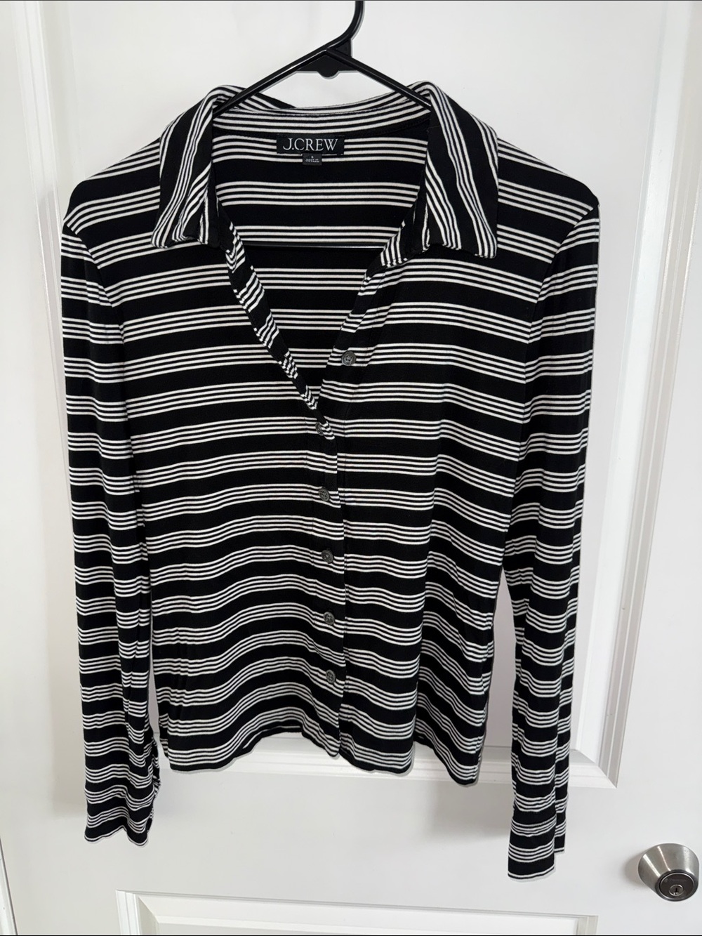 J. Crew Black and White Striped Button-Front Polo Shirt